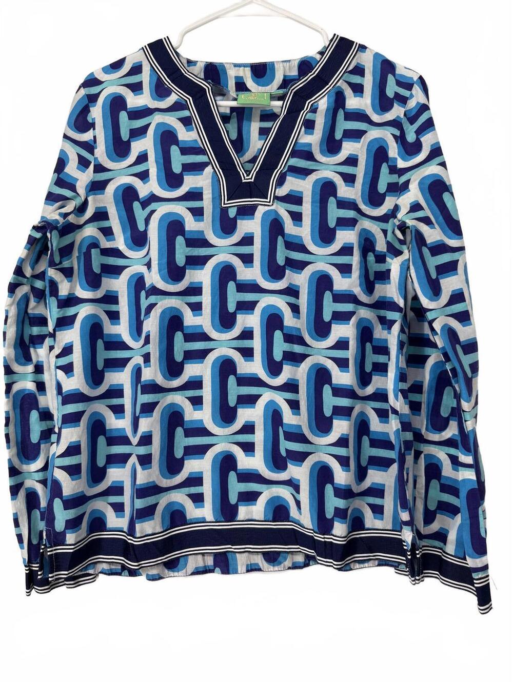Jules Reid women's size M Linen blue 3/4 sleeve Blouse v-neck summer Boho